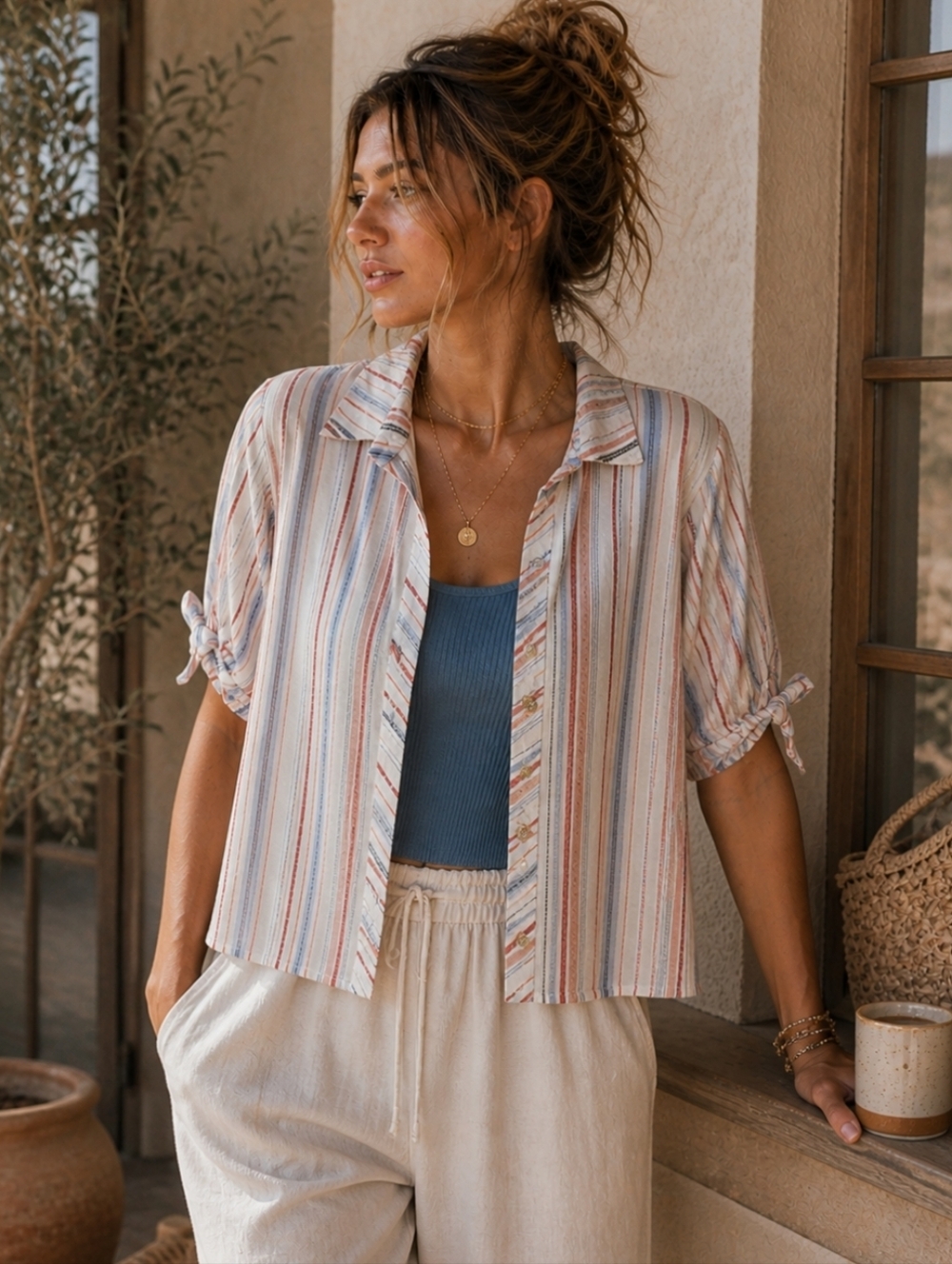 Eden & Olivia Boho Stripe Tie Sleeve Top Small Free People Style Coastal Cowgirl